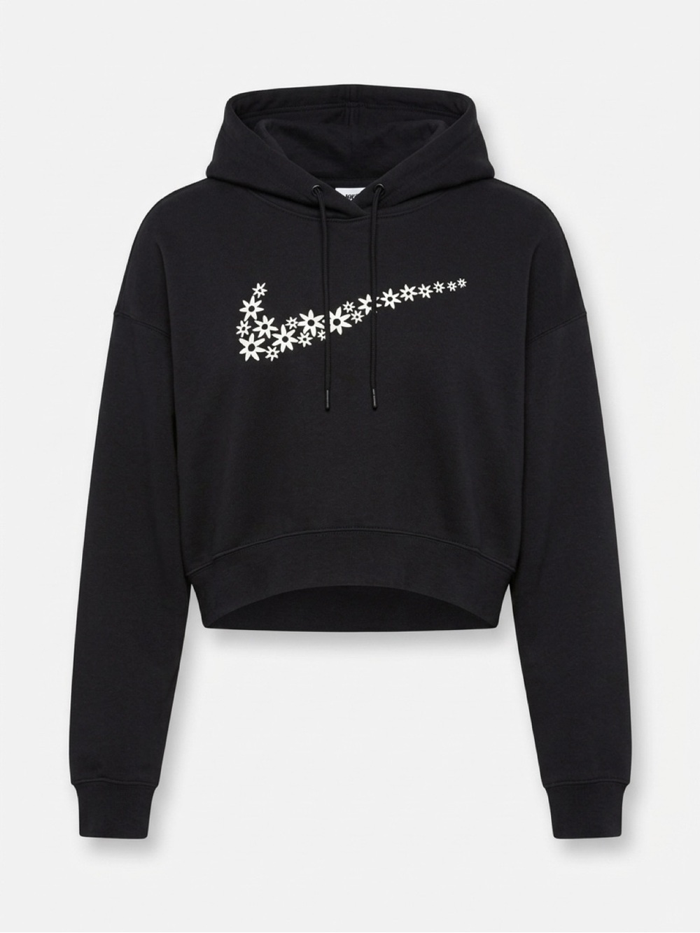 Nike Black Cropped Hoodie with White Floral Swoosh